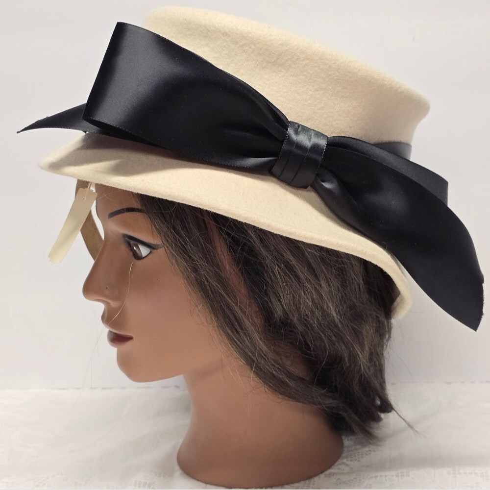 Joe Bill Miller Michael Howard Cream Wool VTG Cloche Bucket Hat Black Bow NWT